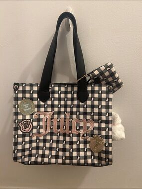 Juicy Couture Black & White Gingham Tote with Pink Logo Patch
